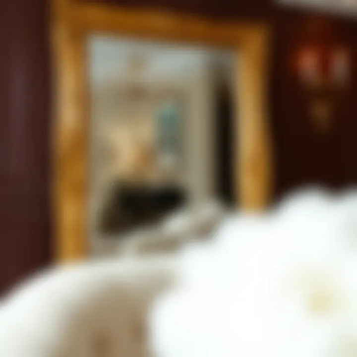 Reflection of a Stylish Interior in Antique Gold Mirror A beautifully designed antique gold floor mirror reflecting a stylish interior