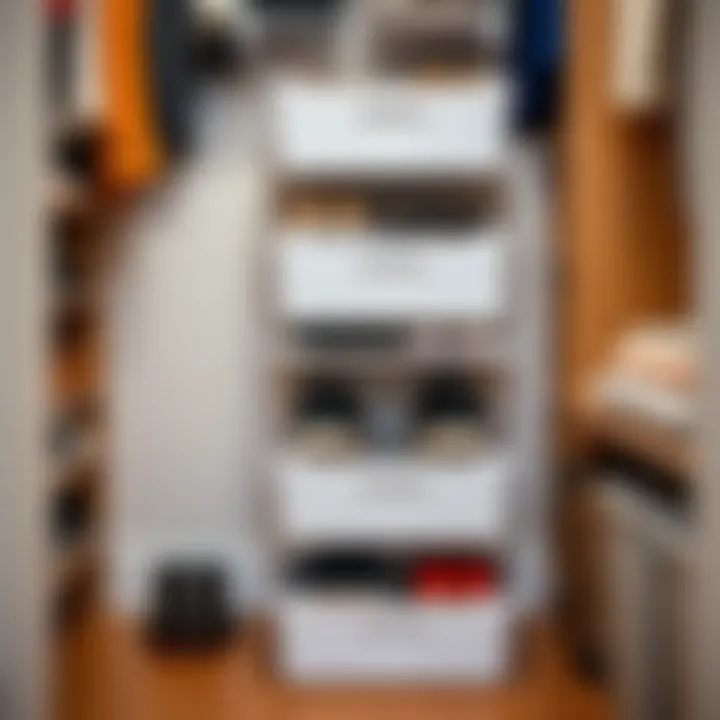 Stackable storage boxes for shoes in organized closet