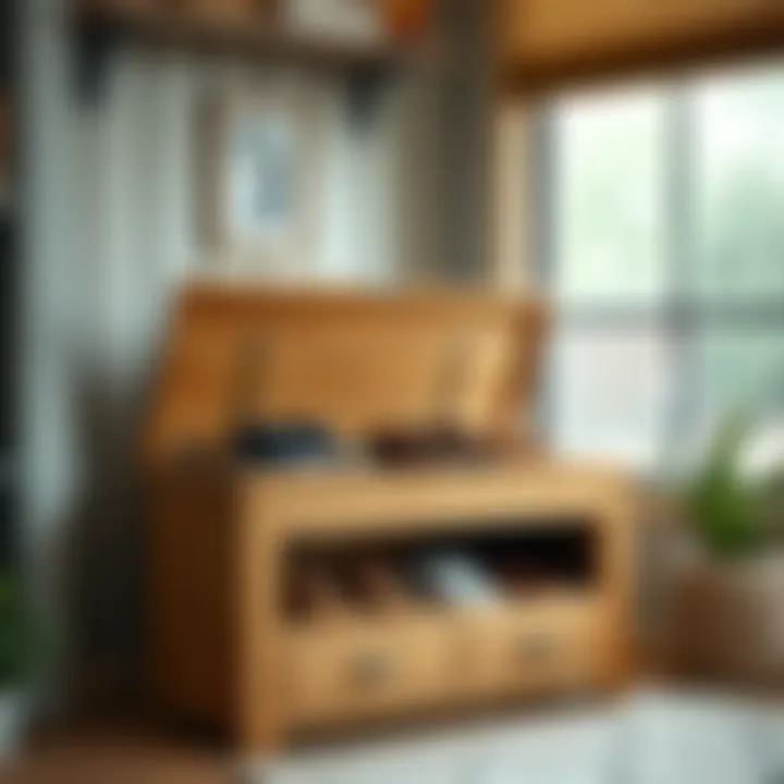 Stylish wooden shoe storage box on display