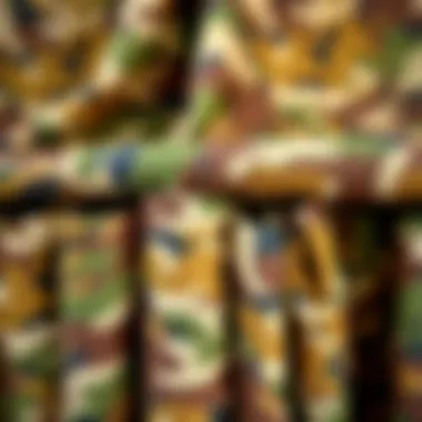 Close-up of various camo fabric textures and patterns for drapery