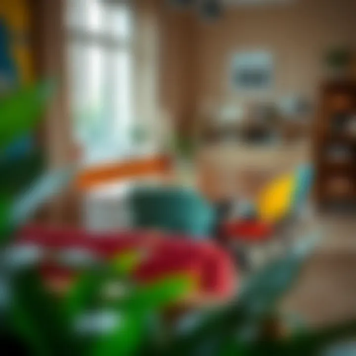 Stylish dining area featuring eclectic colorful chairs