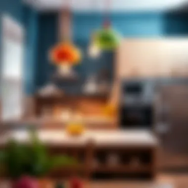 Colorful plug-in pendant lights enhancing a vibrant kitchen
