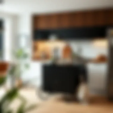 Stylish Kitchen Arrangement with Black Cart Compact black kitchen cart placed in a stylish kitchen setting