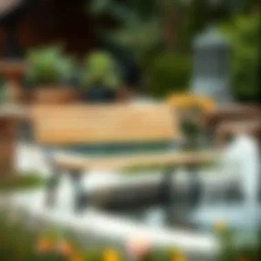 Cozy Bench by Water Feature Cozy bench beside a tranquil water feature