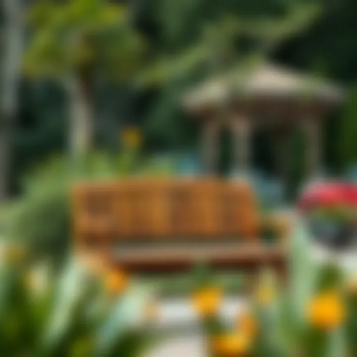 Wooden Bench in Garden Elegant wooden bench in a serene garden setting