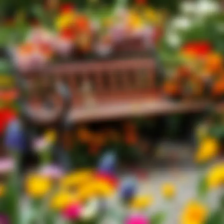 Metal Bench with Flowers Rustic metal bench surrounded by colorful flowers