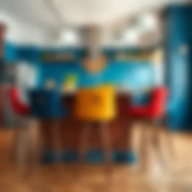 Colorful Upholstered Bar Stools Around Vibrant Kitchen Island Colorful upholstered bar stools around a vibrant kitchen island