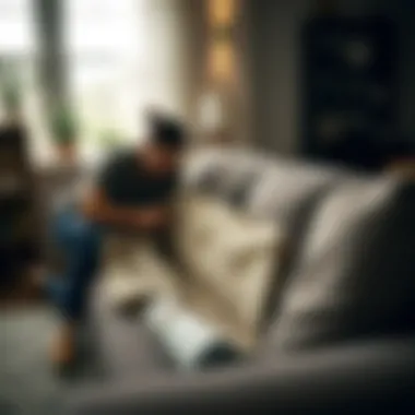 Applying Couch Protector with Precision Homeowner applying couch protector with care