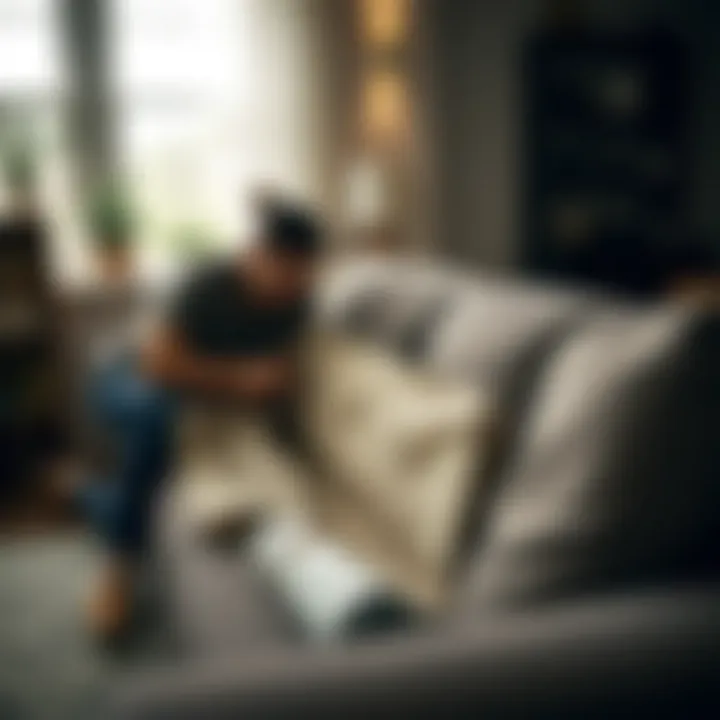 Applying Couch Protector with Precision Homeowner applying couch protector with care