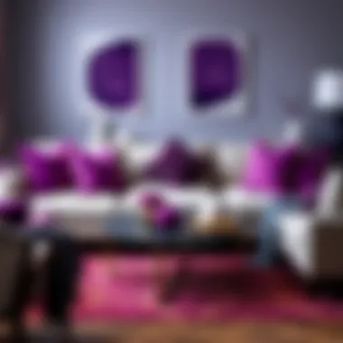 Cozy Living Room with Purple Pillows A cozy living room featuring a mix of purple throw pillows