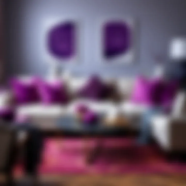 Cozy Living Room with Purple Pillows A cozy living room featuring a mix of purple throw pillows