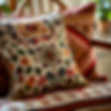 Close-up of intricate patterns on bohemian chair cushions