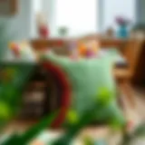 Vibrant Boho Cushions Enhancing a Dining Space Colorful boho dining chair cushions on a rustic wooden table