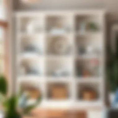 White bookcase arranged with decorative items and books