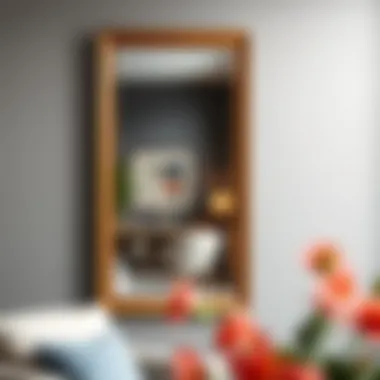 Elegant Reflection in a Modern Setting Elegant large wooden frame wall mirror reflecting a stylish interior