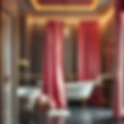 Luxurious bathroom featuring gold and pink shower curtains