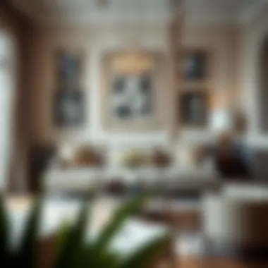 Stylish living room featuring silver framed wall art arrangement