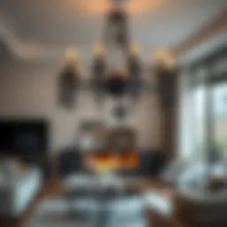 Elegant black boho chandelier illuminating a cozy living room