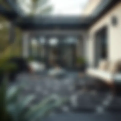 Elegant black and grey outdoor rug on a patio