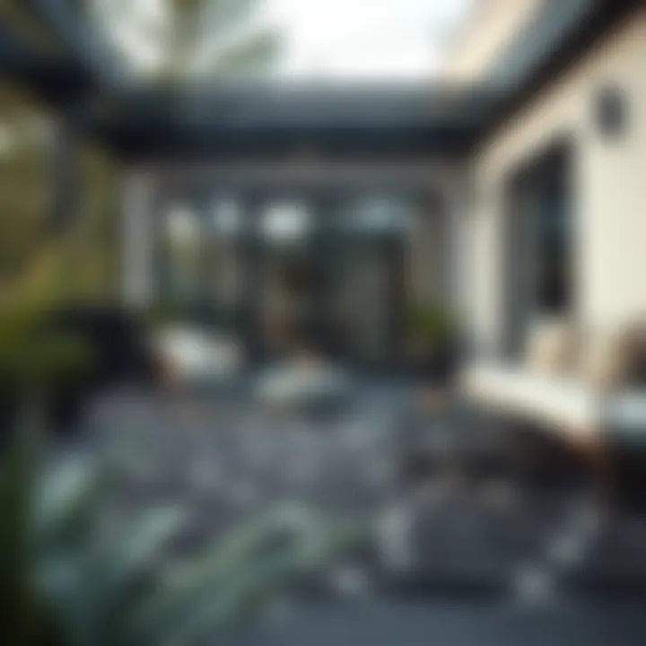 Elegant black and grey outdoor rug on a patio