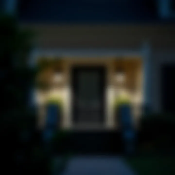 Home exterior illuminated with sophisticated black porch lights