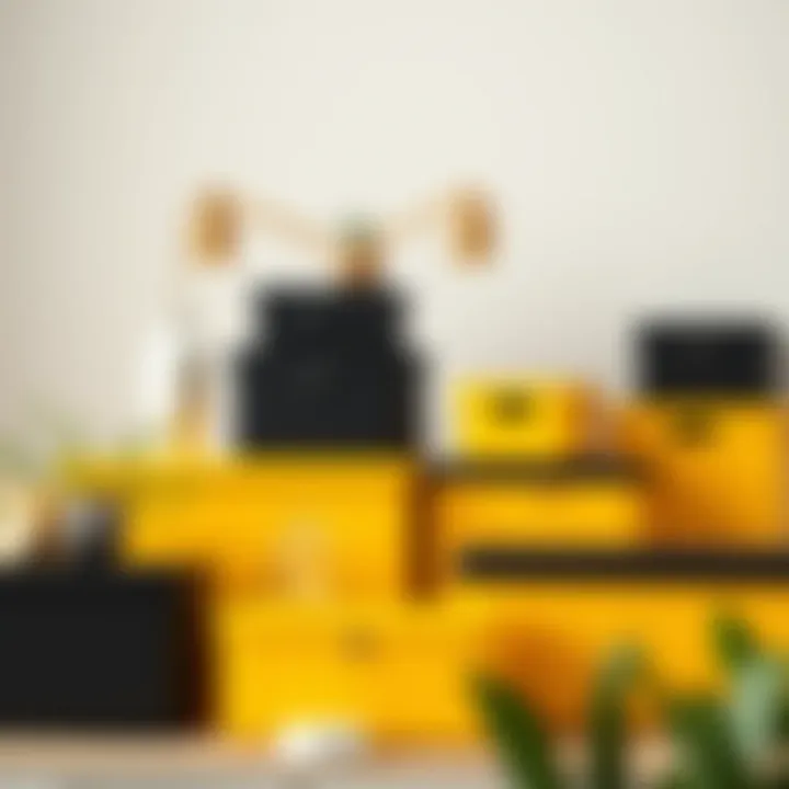 Artistic arrangement of black yellow storage boxes in various sizes