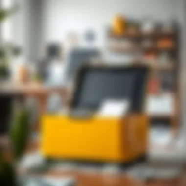 Functional black yellow storage box in creative workspace