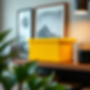 Stylish black yellow storage box on a living room shelf