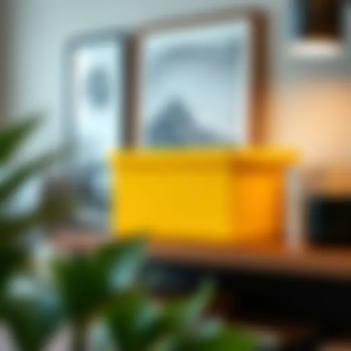 Stylish black yellow storage box on a living room shelf