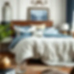 Elegant blue and cream duvet cover set in a cozy bedroom setting