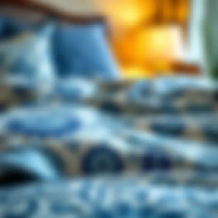 Intricate Patterns of Blue and Cream Duvet Close-up of intricate patterns on a blue and cream duvet cover