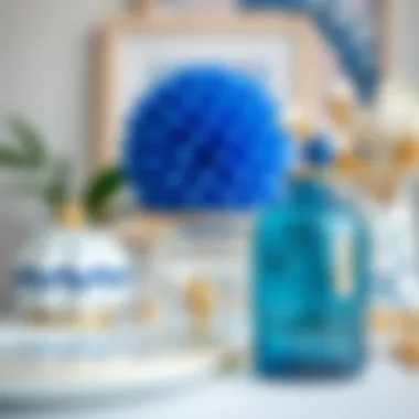 Decorative Elements in Blue and White Close-up of blue and white decorative elements on a desk.