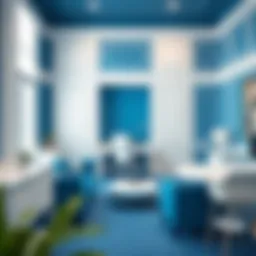 A beautifully designed blue and white office space with elegant furnishings.