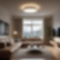 A modern living room illuminated by ceiling flood light bulbs.