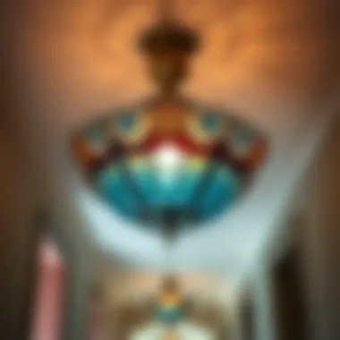 Beautifully designed vintage colored glass ceiling fixture in a hallway