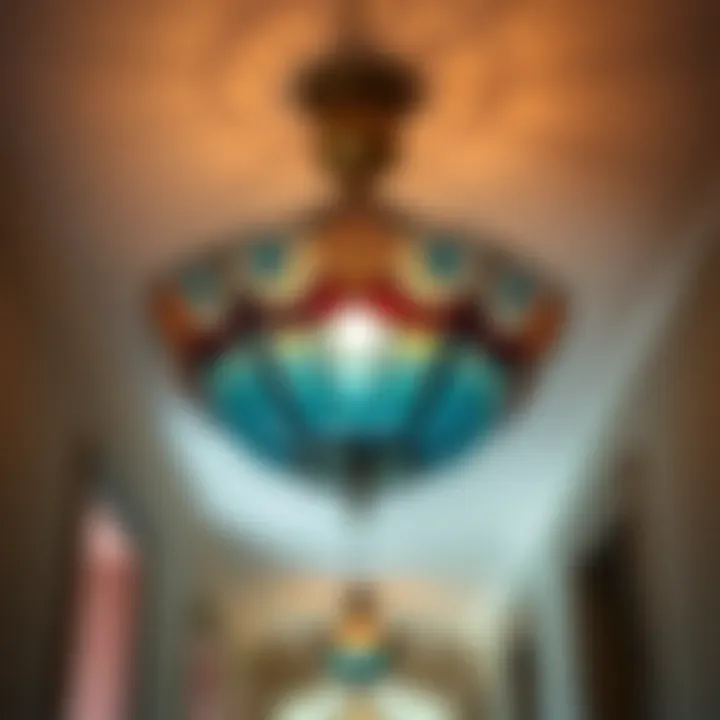 Beautifully designed vintage colored glass ceiling fixture in a hallway