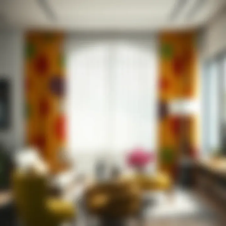Stylish modern interior featuring colorful abstract curtains