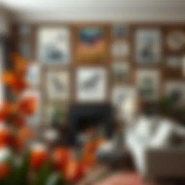 An eclectic mix of framed artworks in a cozy living space