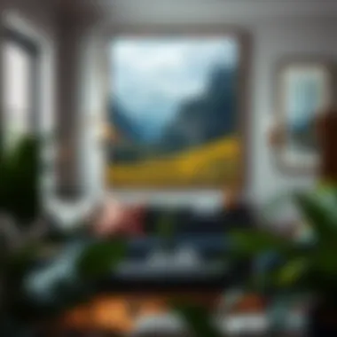 A sophisticated corner with framed landscapes adding depth to the room