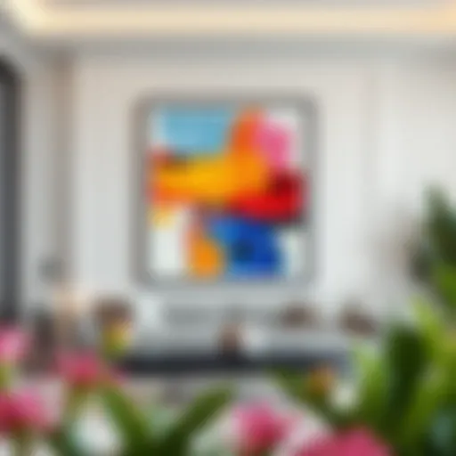 A vibrant abstract artwork framed elegantly on a modern wall