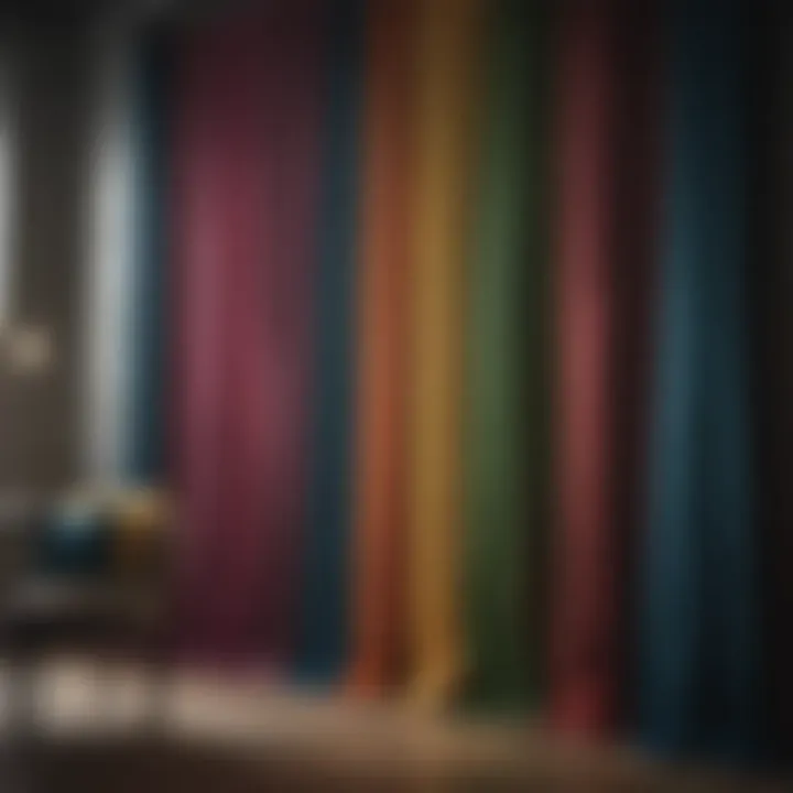 A variety of colorful discount drapery panels displayed in a showroom.