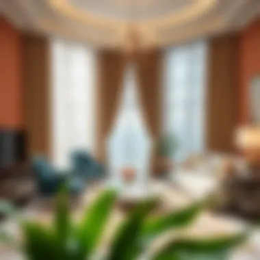 Sophisticated interior with coordinated color palettes featuring long curtains.
