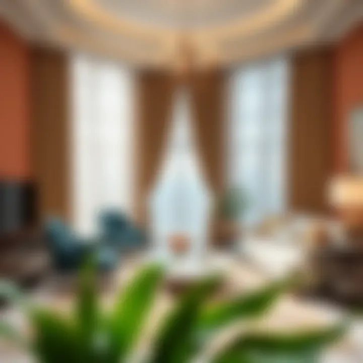 Sophisticated interior with coordinated color palettes featuring long curtains.