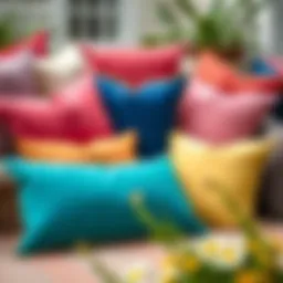 A vibrant collection of Sunbrella pillows arranged in an outdoor setting showcasing their colors.