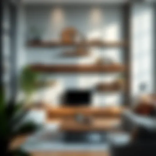 Elegant arrangement of floating wooden shelves in a modern living room