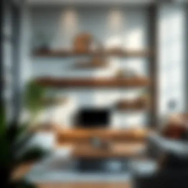 Modern Aesthetics of Floating Shelves Elegant arrangement of floating wooden shelves in a modern living room