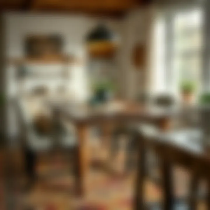 Chic rustic farmhouse table paired with cozy upholstered chairs for a warm ambiance.