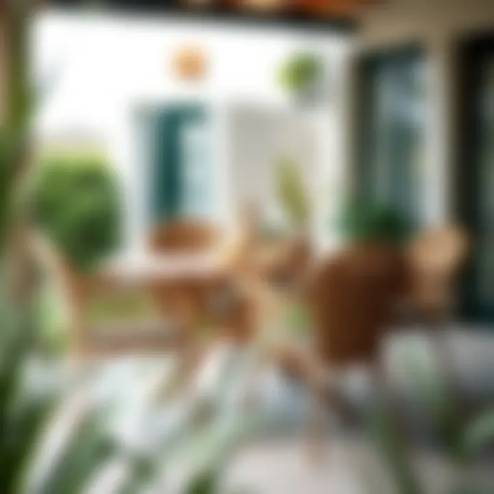 Sophisticated outdoor dining setting featuring elegant wicker chairs and a stylish table.