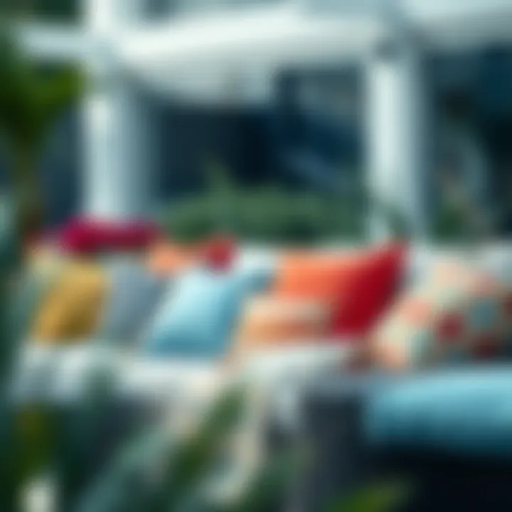 Colorful assortment of patio pillows arranged on a stylish outdoor sofa