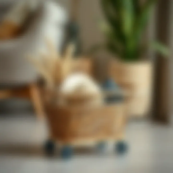 Stylish Small Rolling Basket with Decorative Items Stylish small rolling basket filled with decorative items